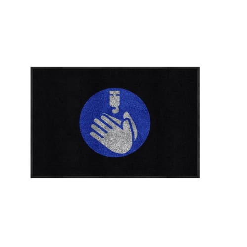 M+A Matting® Use Hand Sanitizer Logo Mat 2x3B Black Background Design 3017627, Gray and Blue Logo